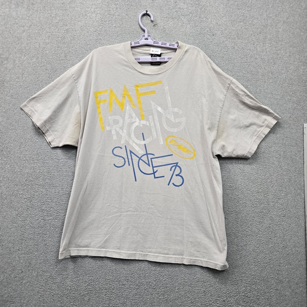 FMF Men Shirt XXL Beige Graphic FMF Racing Logo Short Sleeve Y2K Grunge